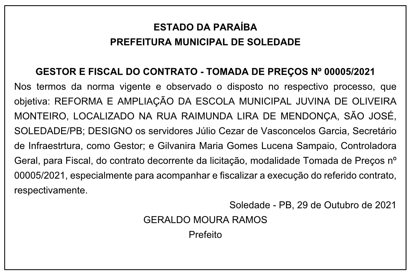 PREFEITURA MUNICIPAL DE SOLEDADE – GESTOR E FISCAL DO CONTRATO – TOMADA DE PREÇOS Nº 00005/2021
