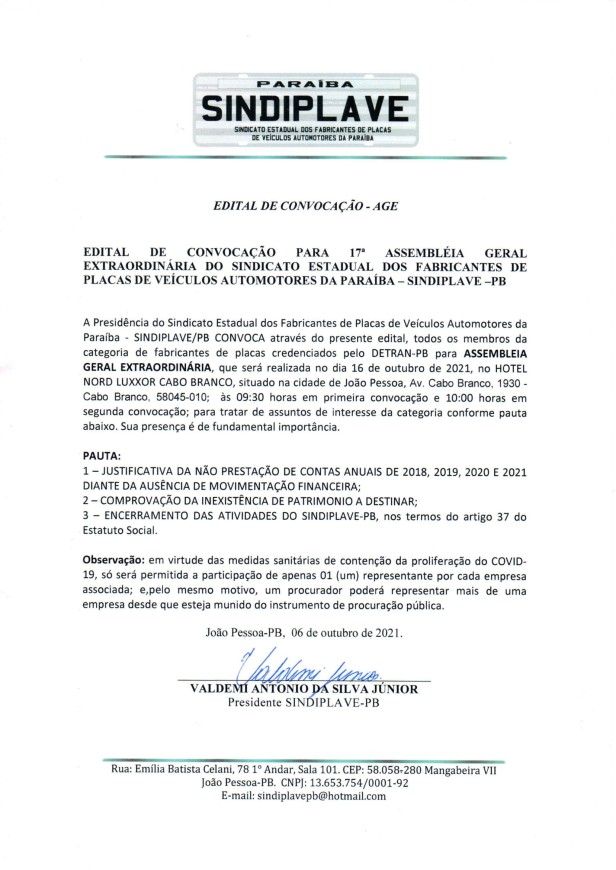 SINDIPLAVE – EDITAL DE CONVOCAÇÃO – AGE