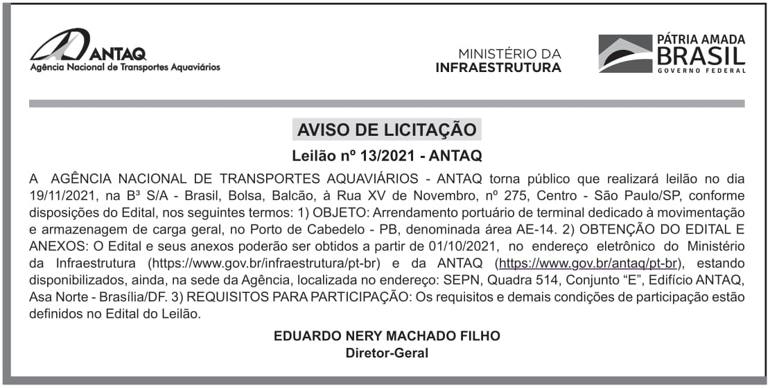 ANTAQ – DF – BRASÍLIA – LEILÃO No 13/2021