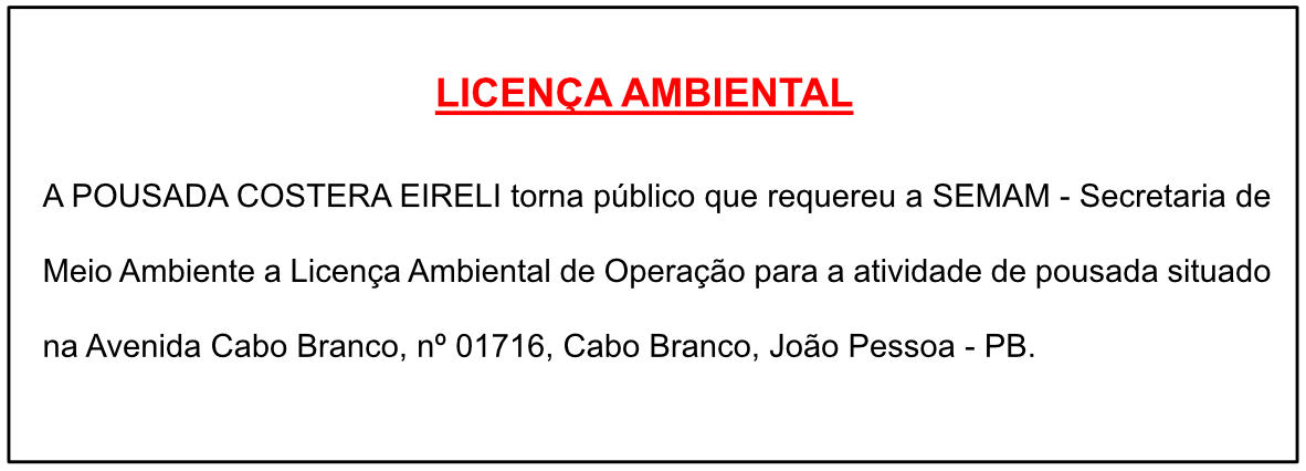 POUSADA COSTERA EIRELI – LICENÇA AMBIENTAL
