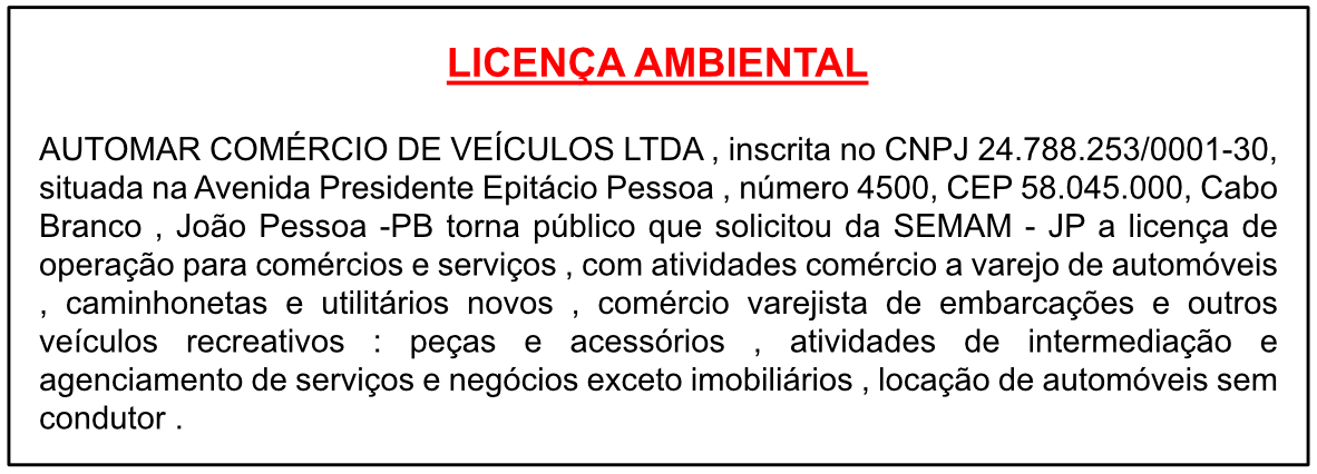 AUTOMAR COMÉRCIO DE VEÍCULOS LTDA – LICENÇA AMBIENTAL