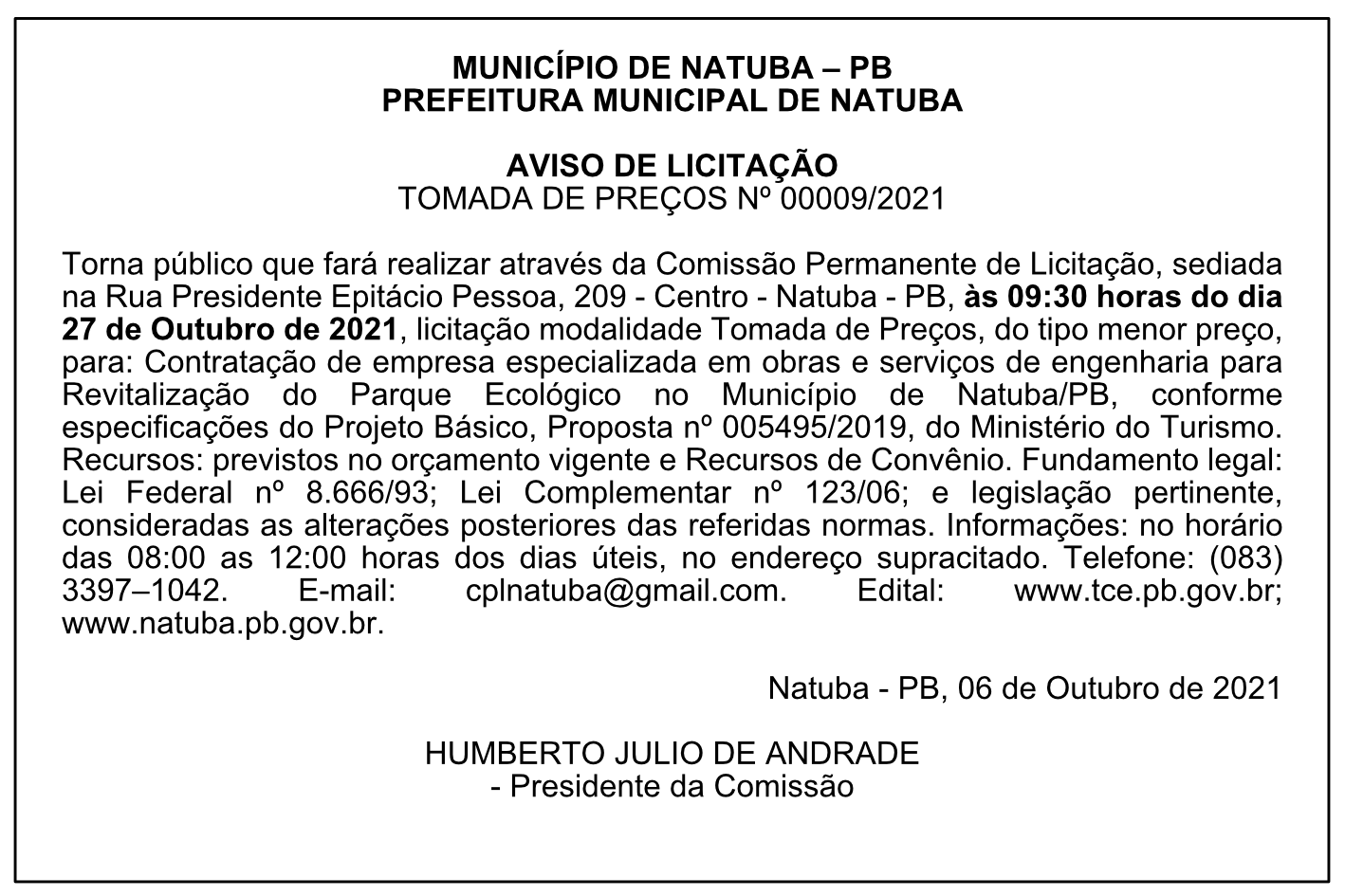 PREFEITURA MUNICIPAL DE NATUBA – AVISO DE LICITAÇÃO – TOMADA DE PREÇOS Nº 00009/2021