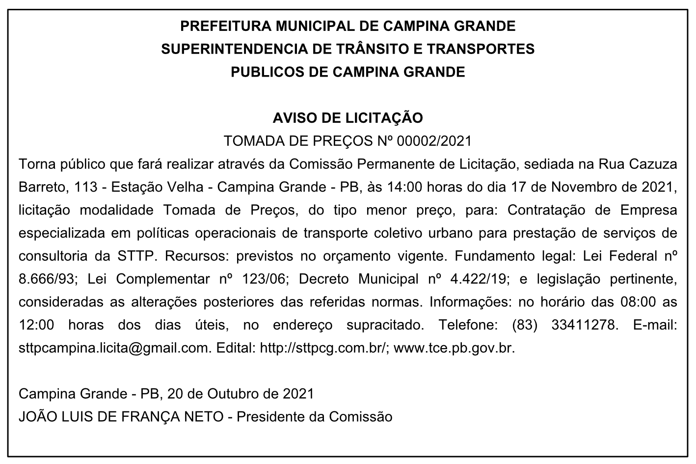 STTP – AVISO DE LICITAÇÃO – TOMADA DE PREÇOS Nº 00002/2021