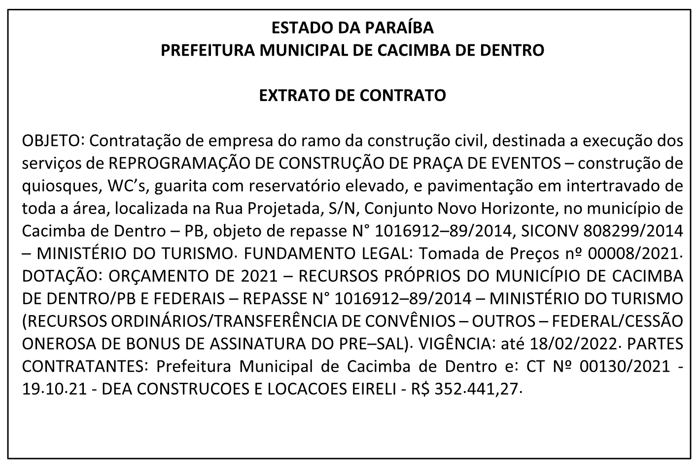 PREFEITURA MUNICIPAL DE CACIMBA DE DENTRO – EXTRATO DE CONTRATO