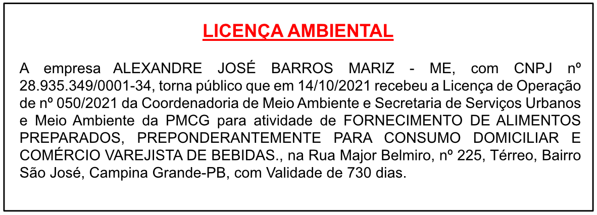 ALEXANDRE JOSÉ BARROS MARIZ – ME – LICENÇA AMBIENTAL