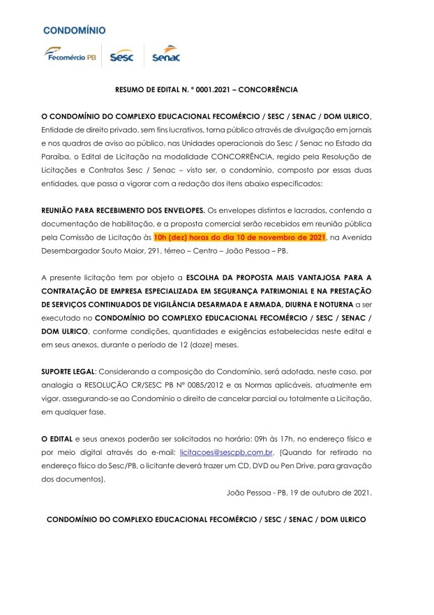 CONDOMÍNIO DO COMPLEXO EDUCACIONAL FECOMÉRCIO / SESC / SENAC / DOM ULRICO – RESUMO DE EDITAL N. º 0001.2021 – CONCORRÊNCIA