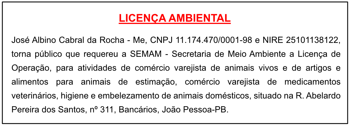 José Albino Cabral da Rocha – Me – Licença Ambiental