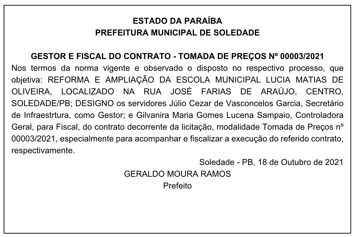 PREFEITURA MUNICIPAL DE SOLEDADE – GESTOR E FISCAL DO CONTRATO – TOMADA DE PREÇOS Nº 00003/2021