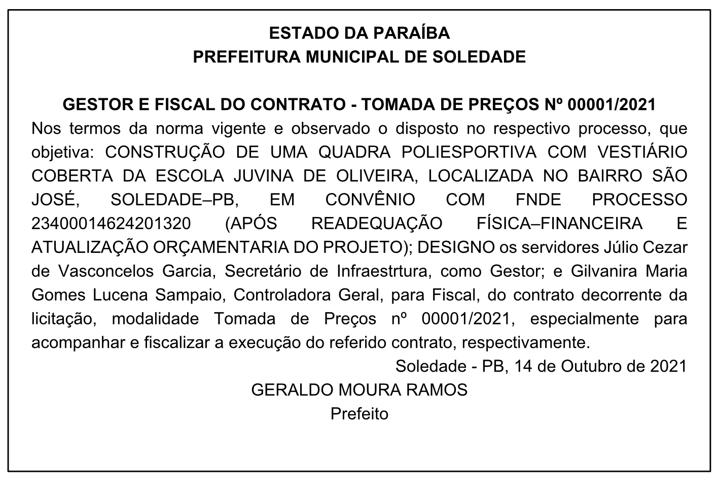 PREFEITURA MUNICIPAL DE SOLEDADE – GESTOR E FISCAL DO CONTRATO – TOMADA DE PREÇOS Nº 00001/2021