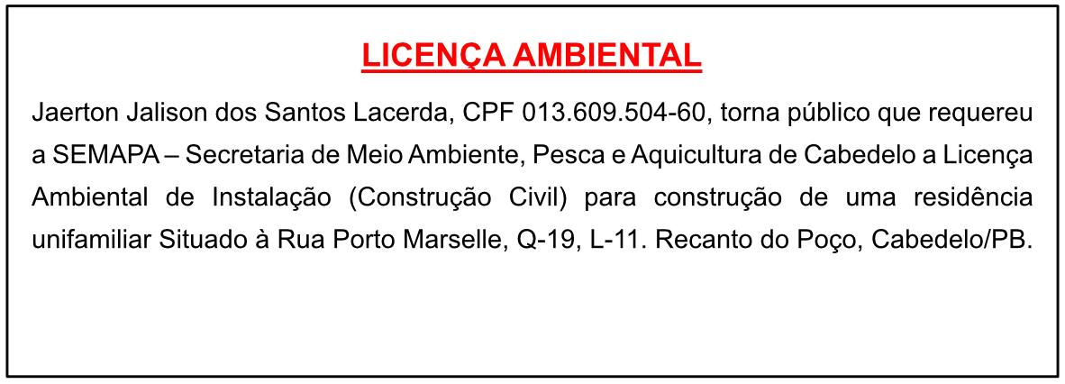 Jaerton Jalison dos Santos Lacerda – Licença Ambiental