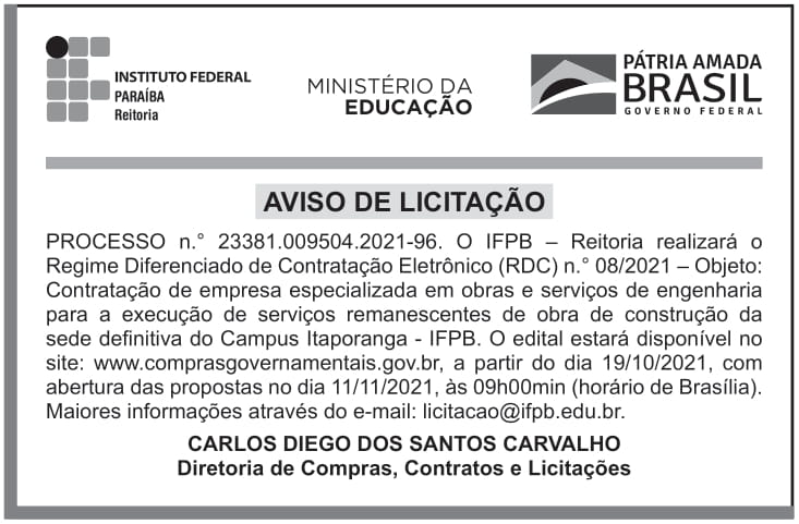 IFPB – PB – REITORIA – EDITAL – RDC ELETRÔNICO n.º 008/2021 – Campus Itaporanga
