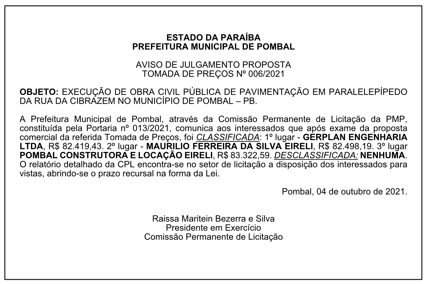 PREFEITURA MUNICIPAL DE POMBAL – AVISO DE JULGAMENTO PROPOSTA – TOMADA DE PREÇOS Nº 006/2021