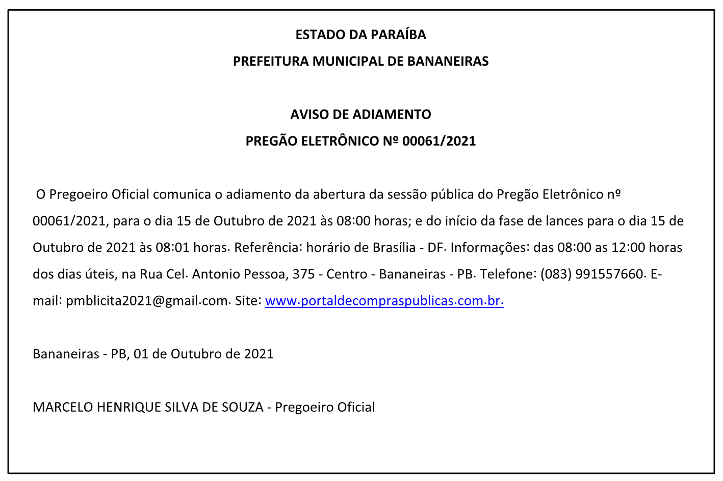 PREFEITURA MUNICIPAL DE BANANEIRAS – AVISO DE ADIAMENTO – PREGÃO ELETRÔNICO Nº 00061/2021