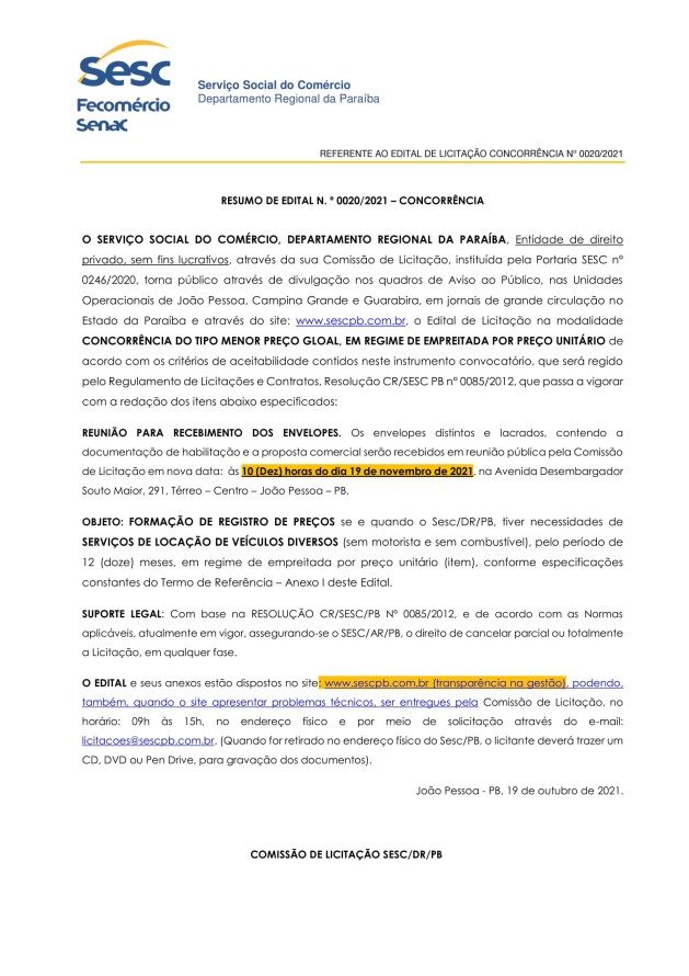 SESC – RESUMO DE EDITAL N. º 0020/2021 – CONCORRÊNCIA