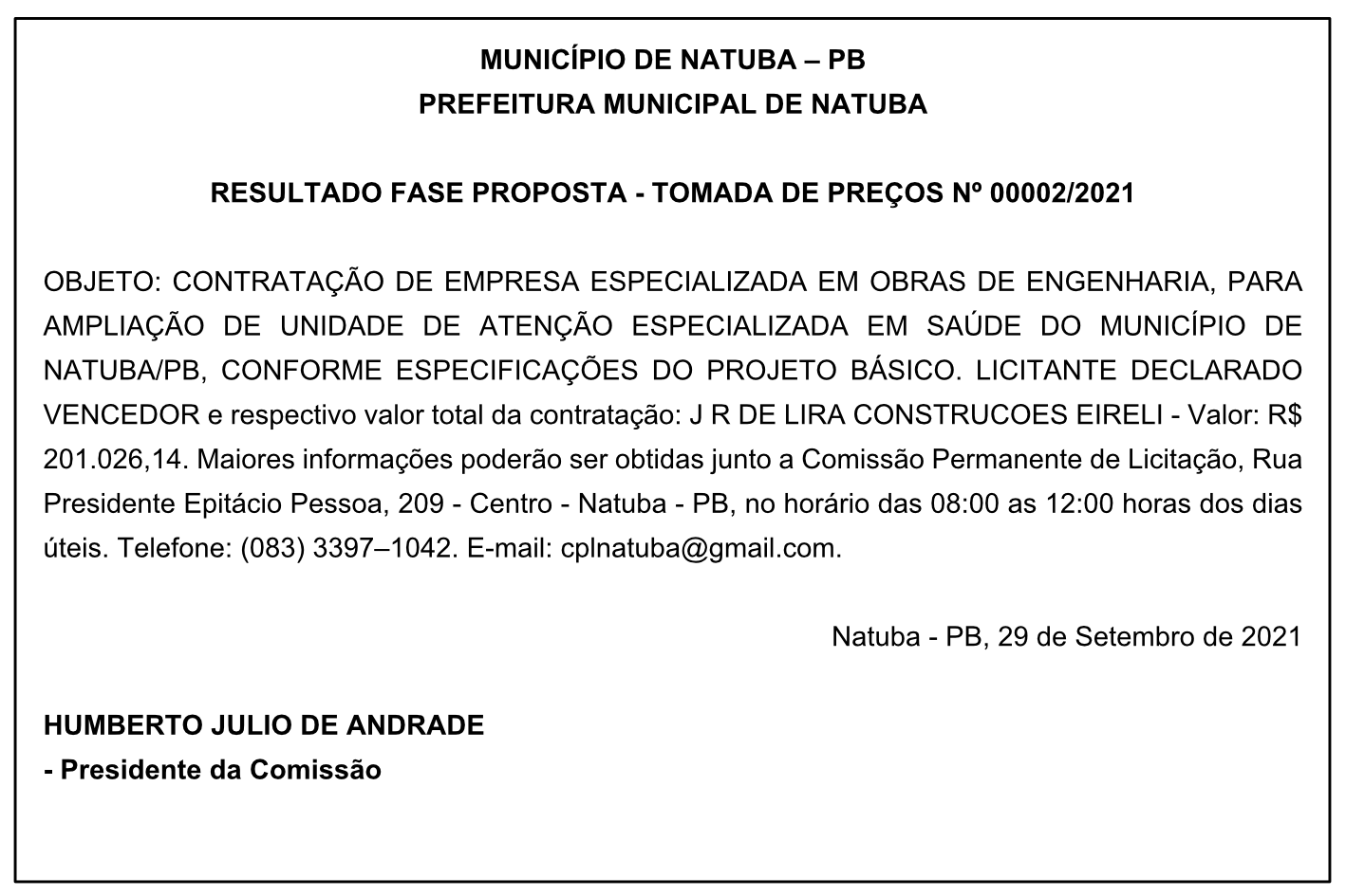 PREFEITURA MUNICIPAL DE NATUBA – RESULTADO FASE PROPOSTA – TOMADA DE PREÇOS Nº 00002/2021