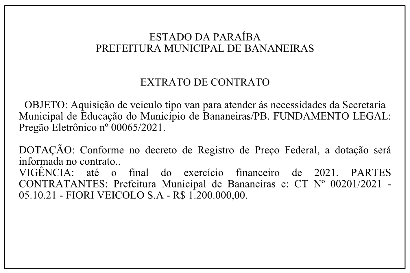 PREFEITURA MUNICIPAL DE BANANEIRAS – EXTRATO DE CONTRATO