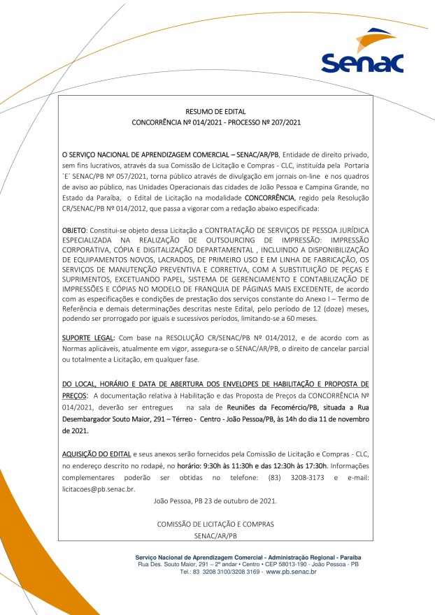SENAC – RESUMO DE EDITAL – CONCORRÊNCIA Nº 014/2021 – PROCESSO Nº 207/2021