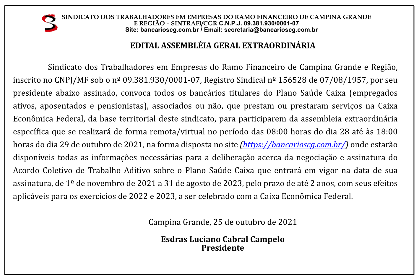 SINTRAFI/CGR – EDITAL ASSEMBLÉIA GERAL EXTRAORDINÁRIA