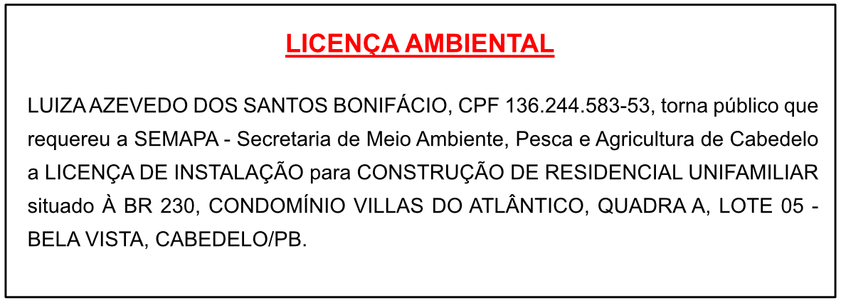 LUIZA AZEVEDO DOS SANTOS BONIFÁCIO – LICENÇA AMBIENTAL