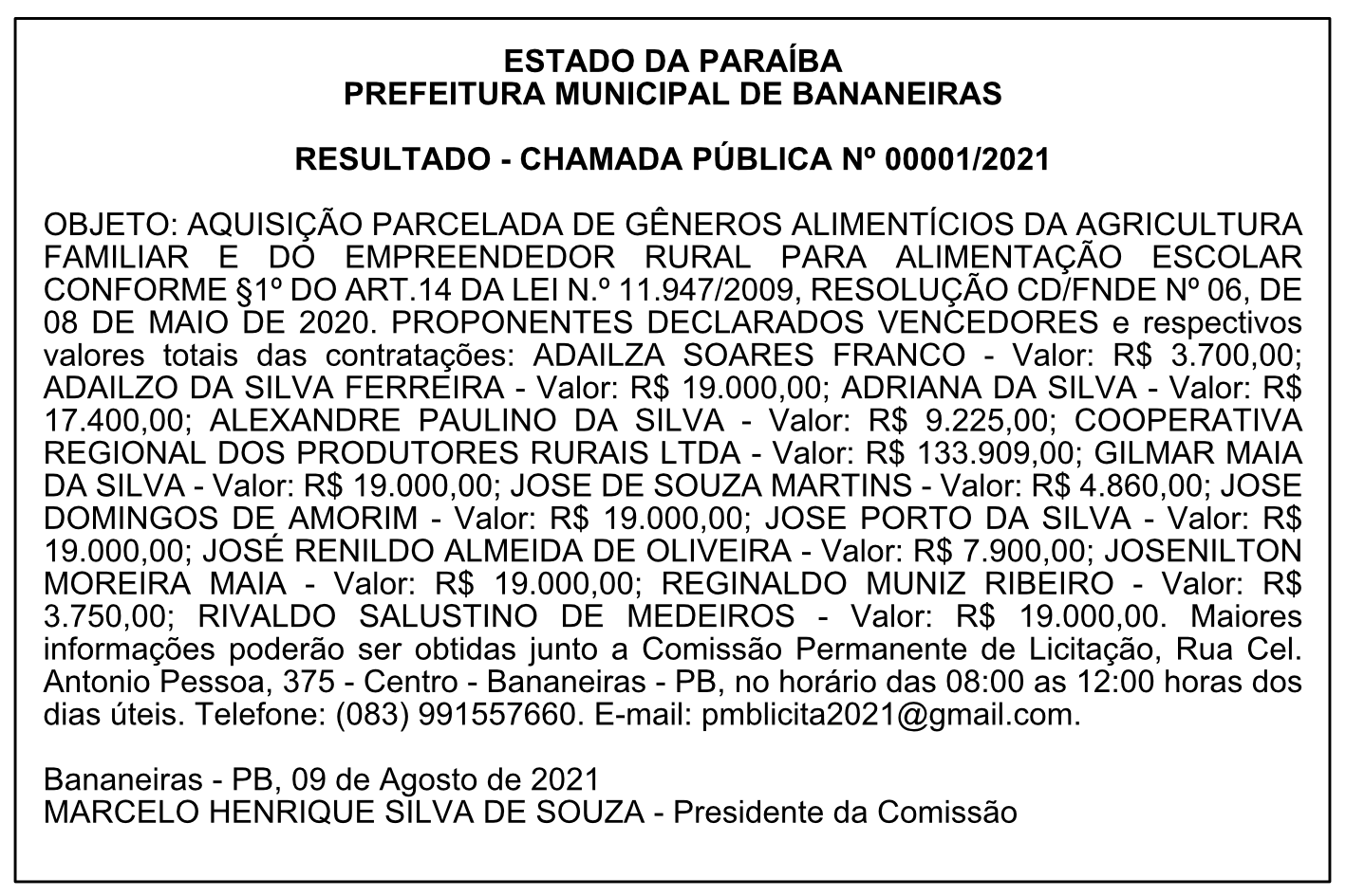 PREFEITURA MUNICIPAL DE BANANEIRAS – RESULTADO – CHAMADA PÚBLICA Nº 00001/2021