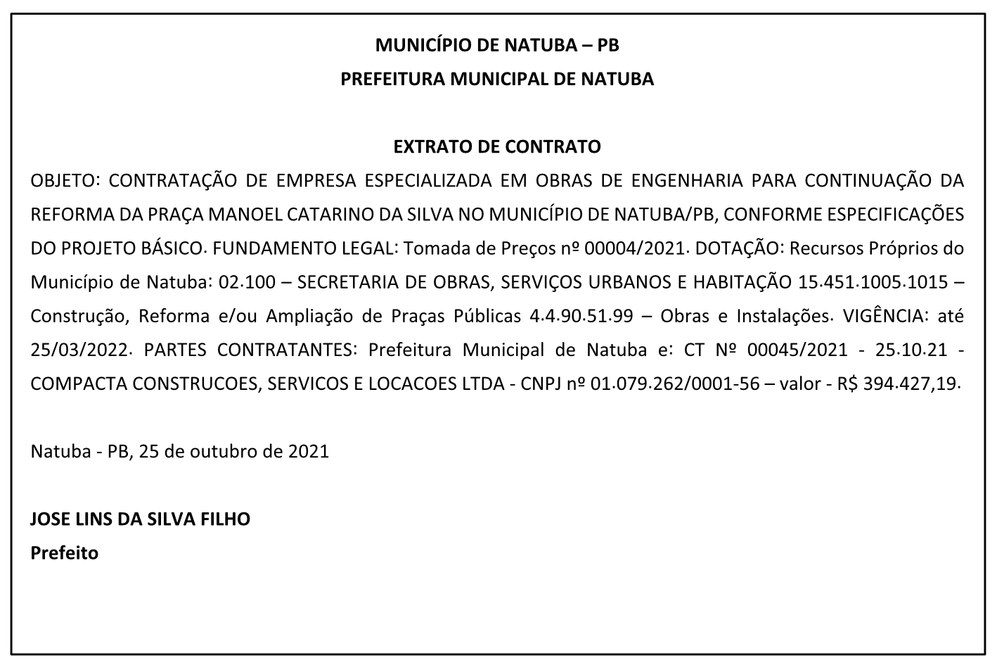 PREFEITURA MUNICIPAL DE NATUBA – EXTRATO DE CONTRATO