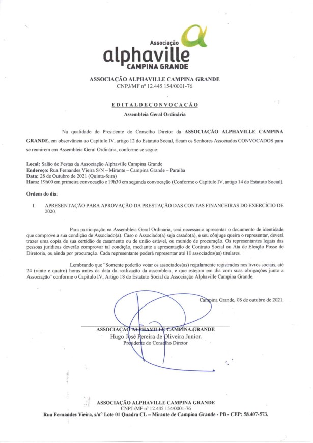 Associação Alphaville Campina Grande – Edital de Convocação de Assembleia Geral Extraordinária