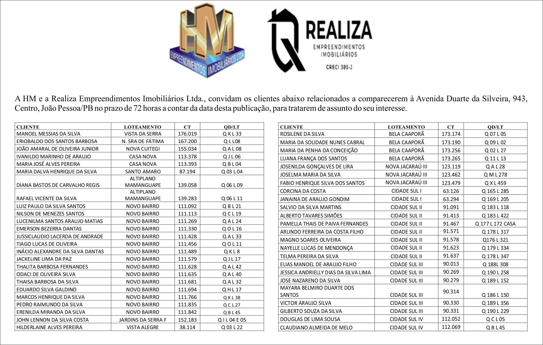 HM E REALIZA EMPREENDIMENTOS IMOBILIÁRIOS – CONVITE AOS CLIENTES
