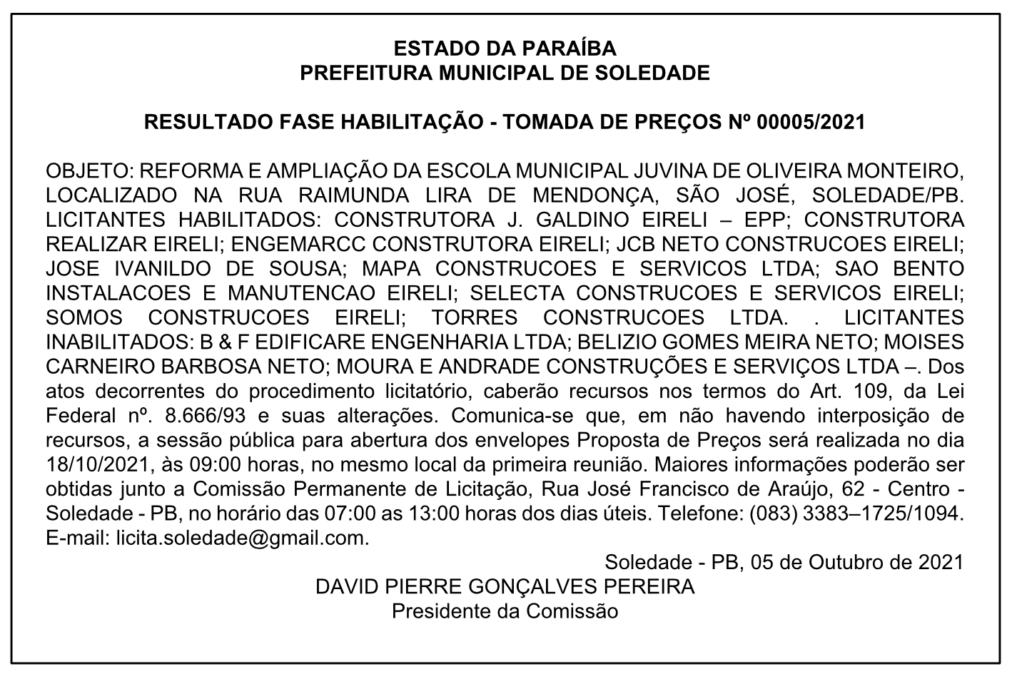 PREFEITURA MUNICIPAL DE SOLEDADE – RESULTADO FASE HABILITAÇÃO – TOMADA DE PREÇOS Nº 00005/2021