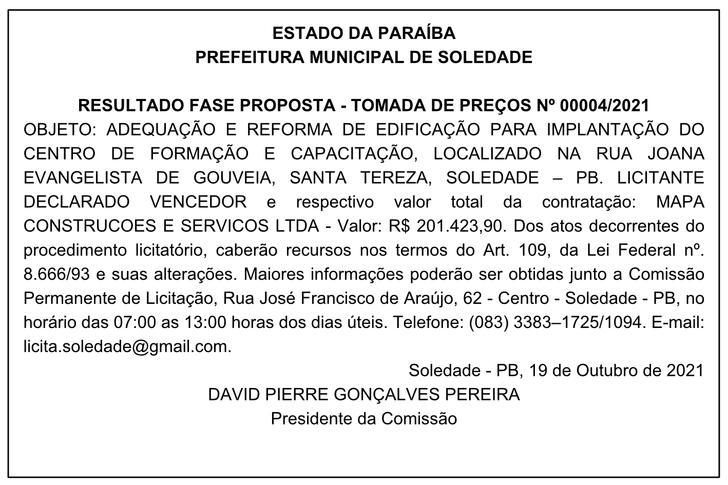 PREFEITURA MUNICIPAL DE SOLEDADE – RESULTADO FASE PROPOSTA – TOMADA DE PREÇOS Nº 00005/2021