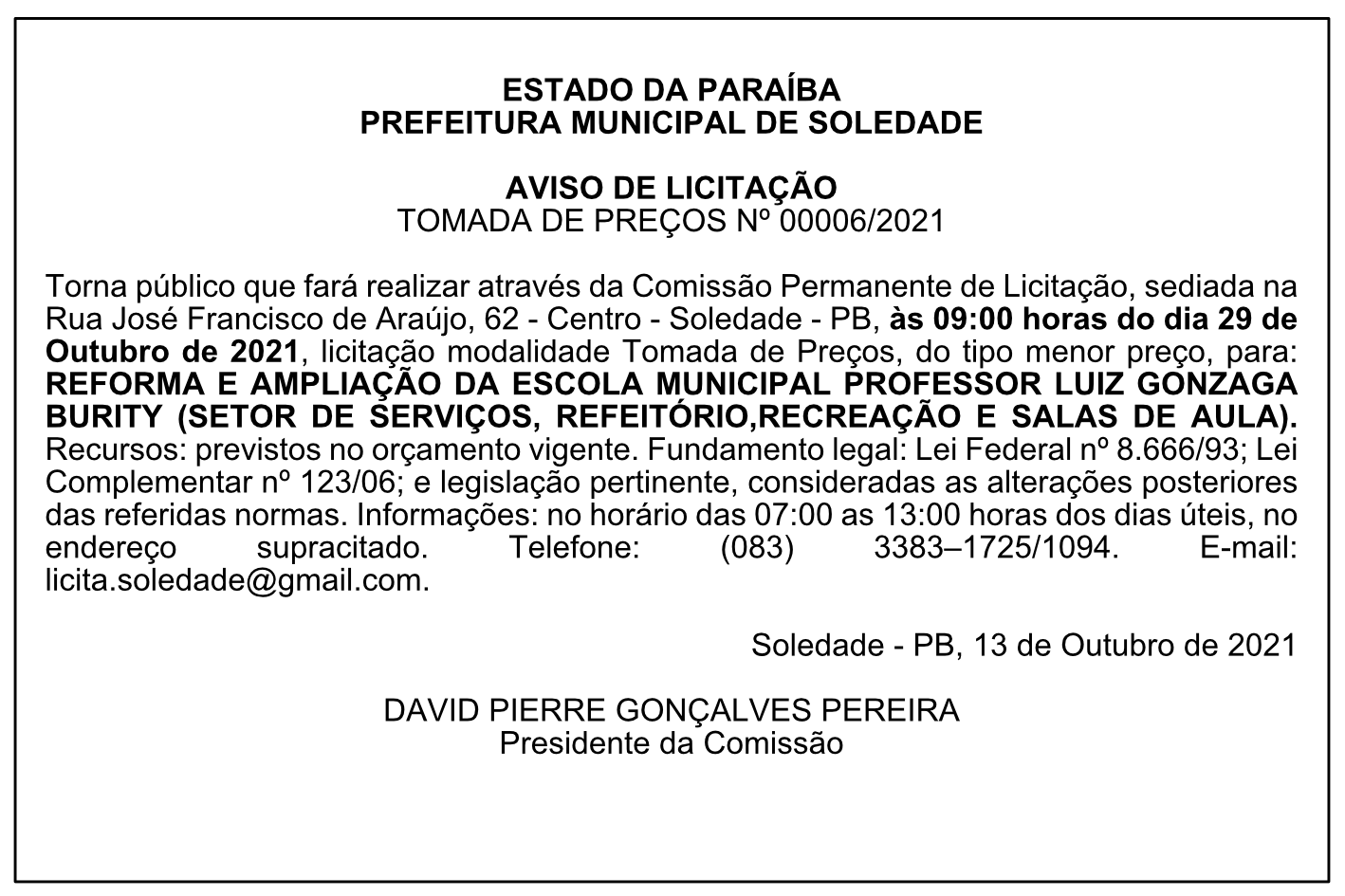 PREFEITURA MUNICIPAL DE SOLEDADE – AVISO DE LICITAÇÃO – TOMADA DE PREÇOS Nº 00006/2021