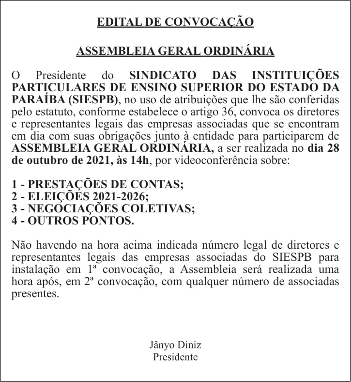 SIESPB – EDITAL DE CONVOCAÇÃO – ASSEMBLEIA GERAL ORDINÁRIA