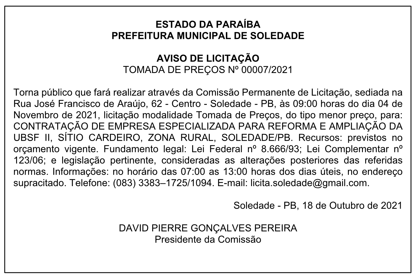 PREFEITURA MUNICIPAL DE SOLEDADE – AVISO DE LICITAÇÃO – TOMADA DE PREÇOS Nº 00007/2021