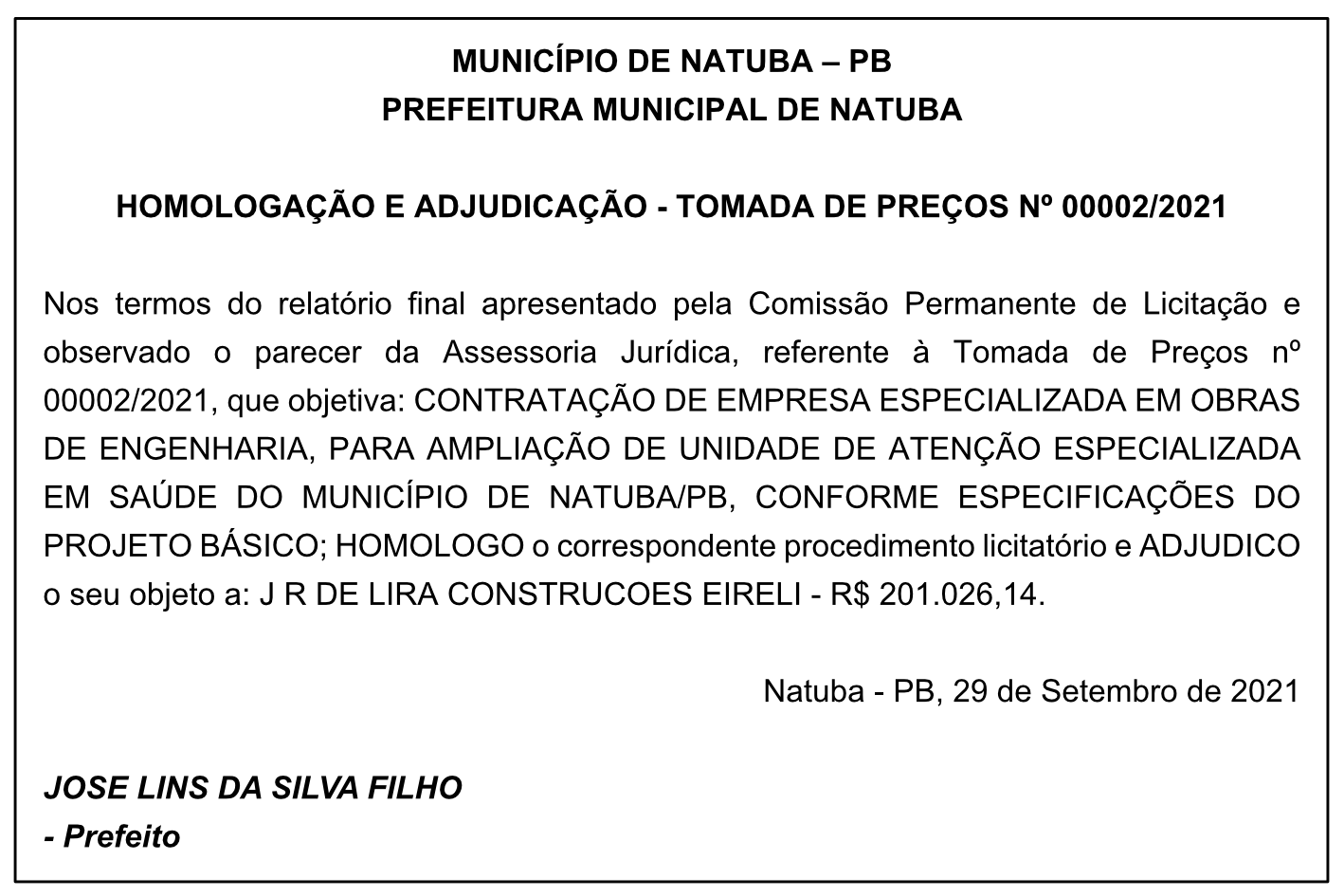 PREFEITURA MUNICIPAL DE NATUBA – HOMOLOGAÇÃO E ADJUDICAÇÃO – TOMADA DE PREÇOS Nº 00002/2021