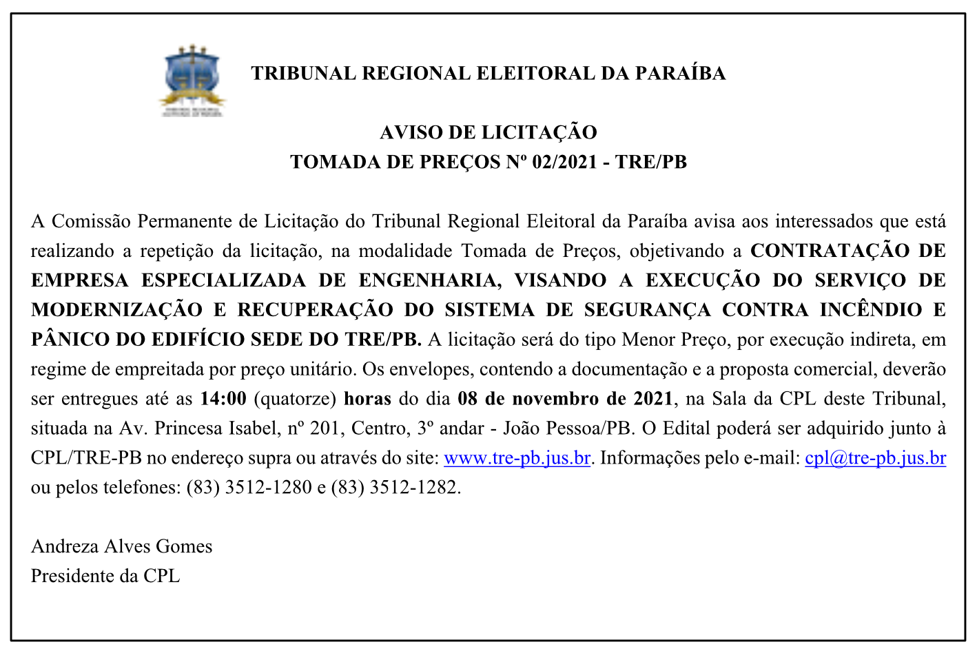 TRE/PB – AVISO DE LICITAÇÃO – TOMADA DE PREÇOS Nº 02/2021