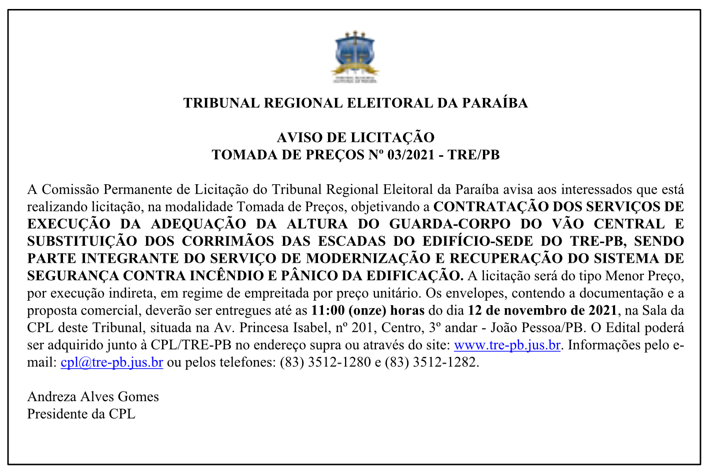 TRE/PB – AVISO DE LICITAÇÃO TOMADA DE PREÇOS Nº 03/2021