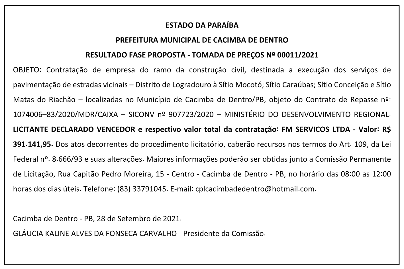 PREFEITURA MUNICIPAL DE CACIMBA DE DENTRO – RESULTADO FASE PROPOSTA – TOMADA DE PREÇOS Nº 00011/2021