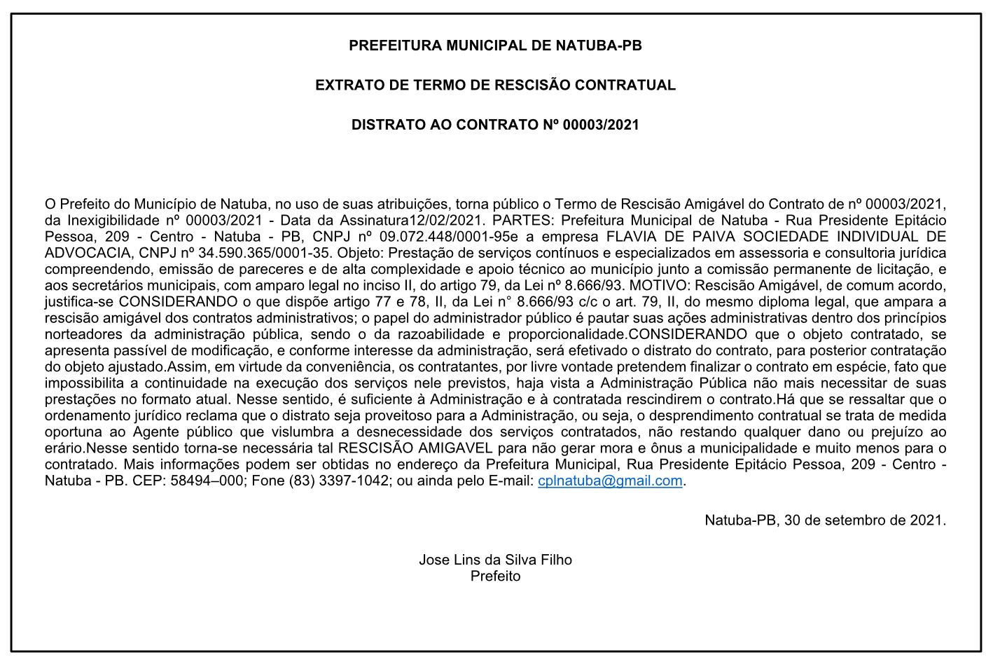 PREFEITURA MUNICIPAL DE NATUBA – EXTRATO DE TERMO DE RESCISÃO CONTRATUAL – DISTRATO AO CONTRATO Nº 00003/2021