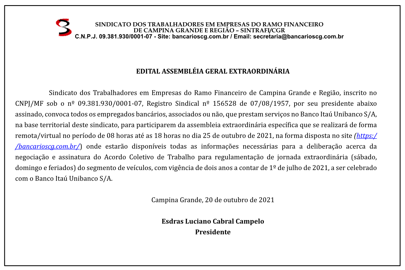 SINTRAFI/CGR – EDITAL ASSEMBLÉIA GERAL EXTRAORDINÁRIA