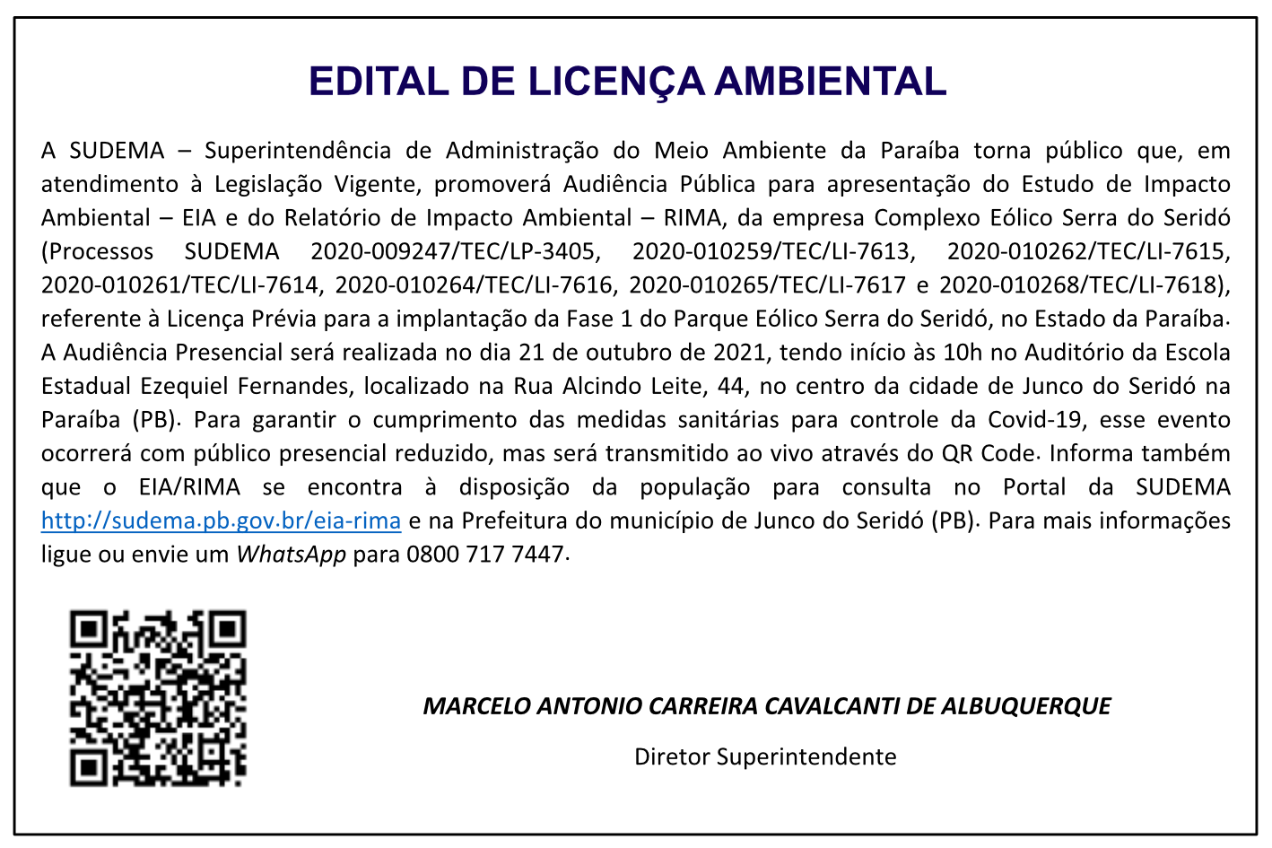 SUDEMA – EDITAL DE LICENÇA AMBIENTAL