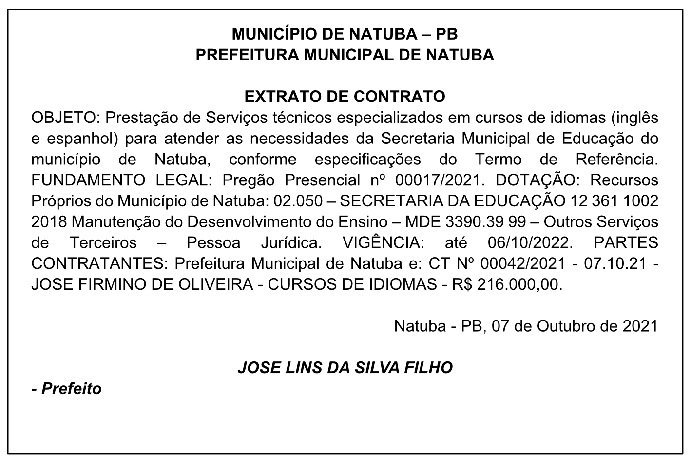 PREFEITURA MUNICIPAL DE NATUBA – EXTRATO DE CONTRATO