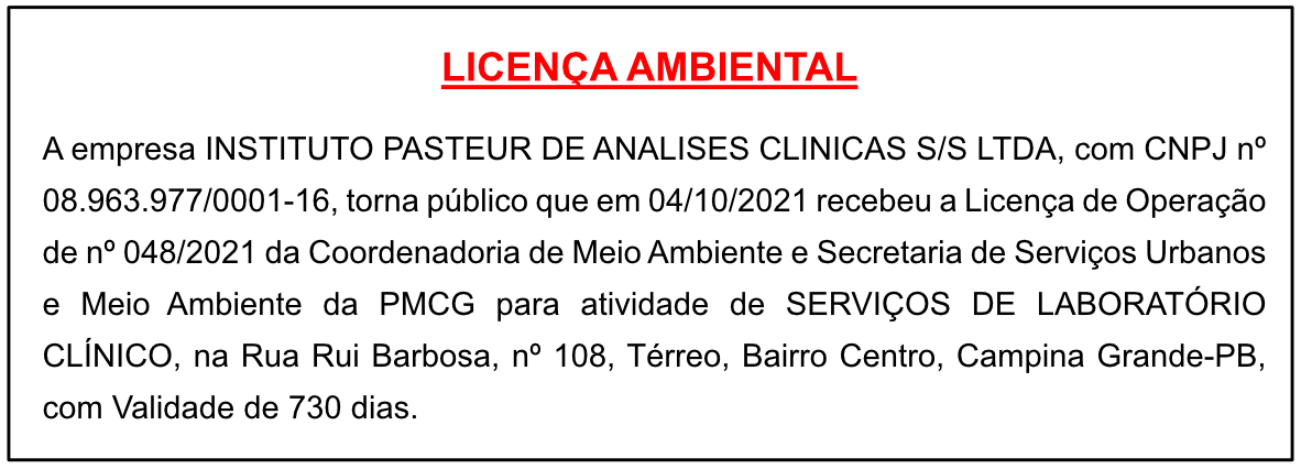 INSTITUTO PASTEUR DE ANALISES CLINICAS S/S LTDA – LICENÇA AMBIENTAL