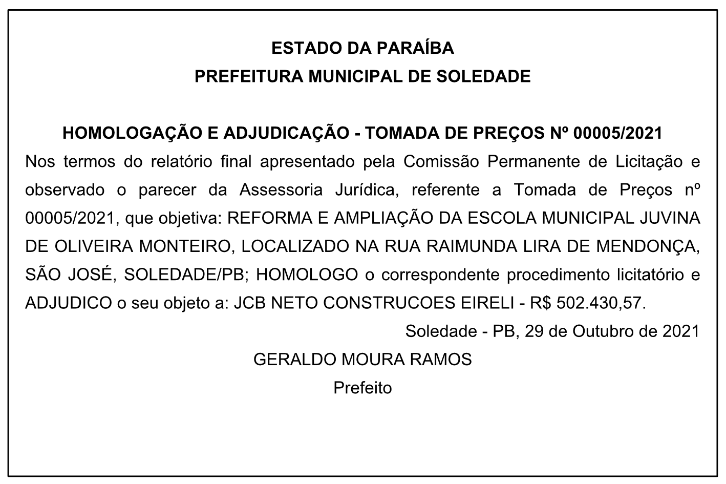 PREFEITURA MUNICIPAL DE SOLEDADE – HOMOLOGAÇÃO E ADJUDICAÇÃO – TOMADA DE PREÇOS Nº 00005/2021