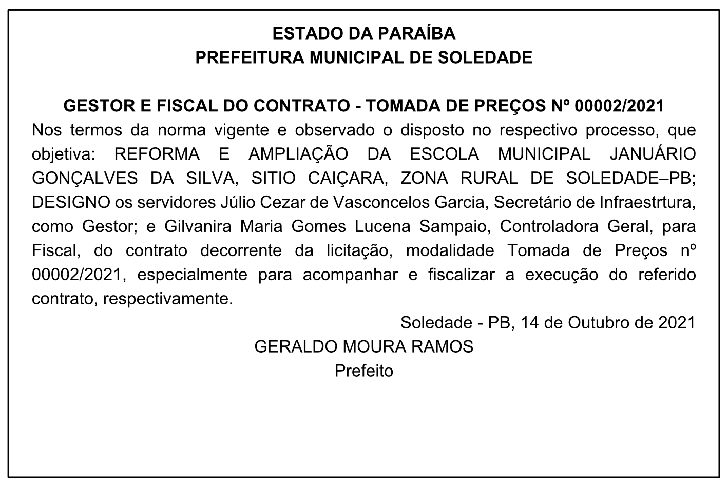 PREFEITURA MUNICIPAL DE SOLEDADE – GESTOR E FISCAL DO CONTRATO – TOMADA DE PREÇOS Nº 00002/2021
