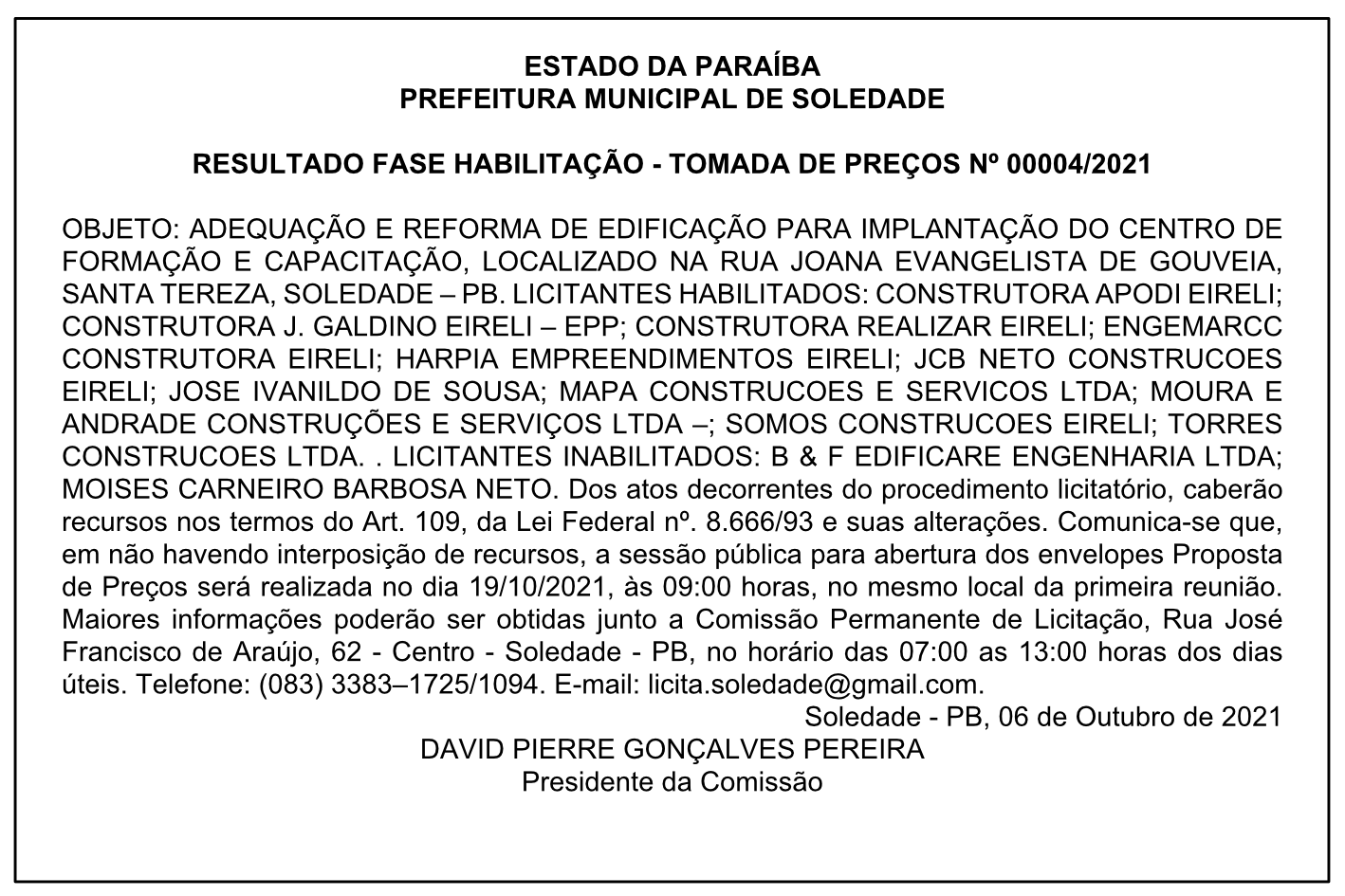 PREFEITURA MUNICIPAL DE SOLEDADE – RESULTADO FASE HABILITAÇÃO – TOMADA DE PREÇOS Nº 00004/2021
