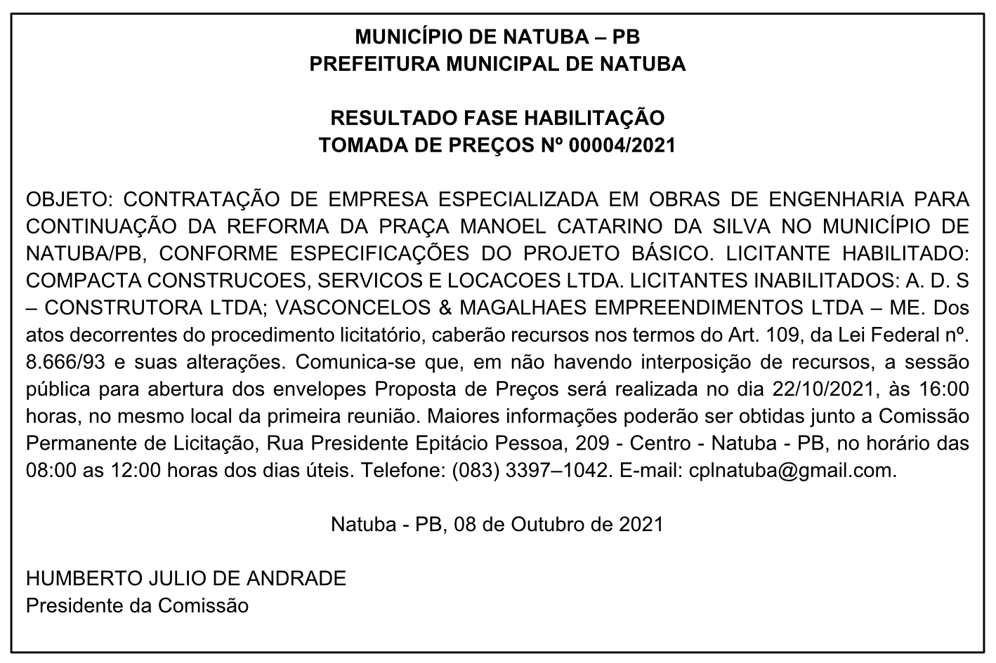 PREFEITURA MUNICIPAL DE NATUBA – RESULTADO FASE HABILITAÇÃO – TOMADA DE PREÇOS Nº 00004/2021