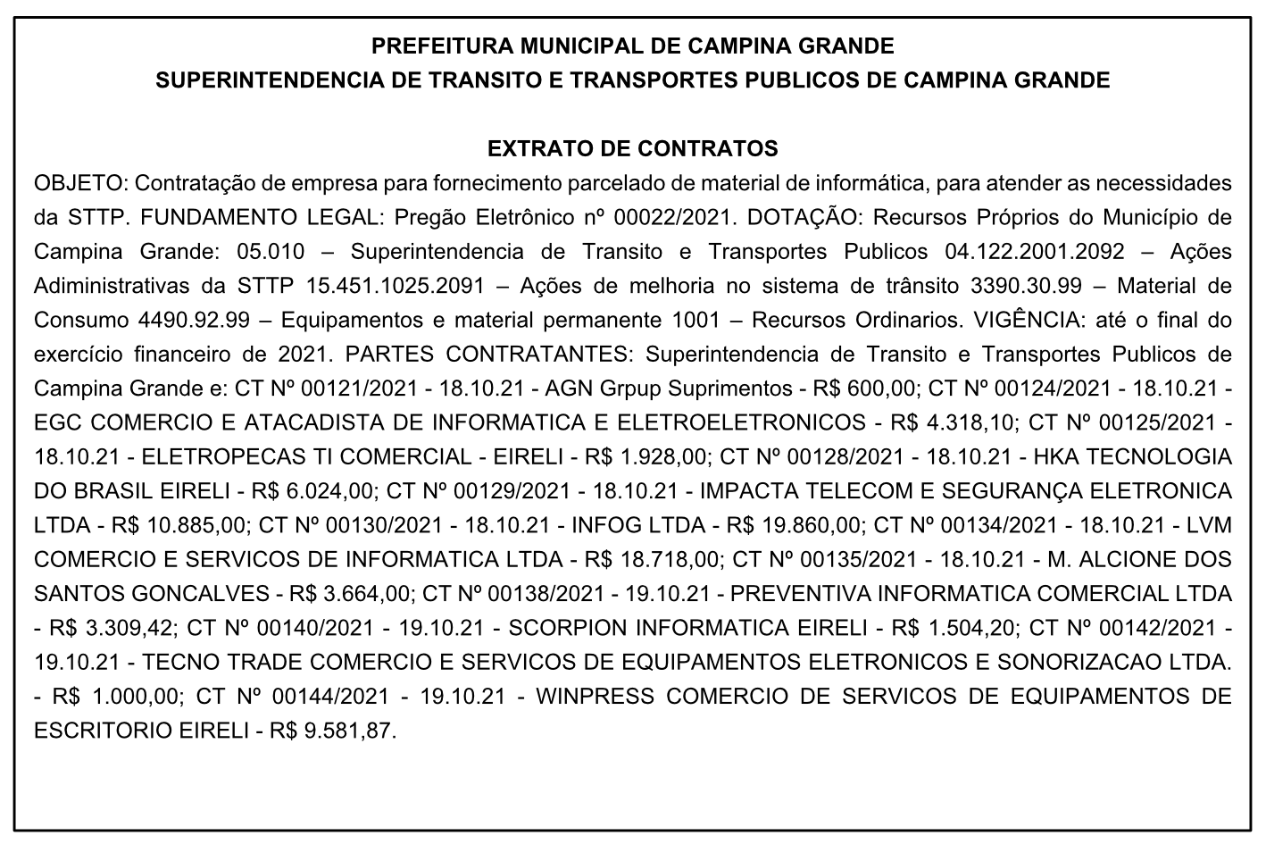 STTP – EXTRATO DE CONTRATOS