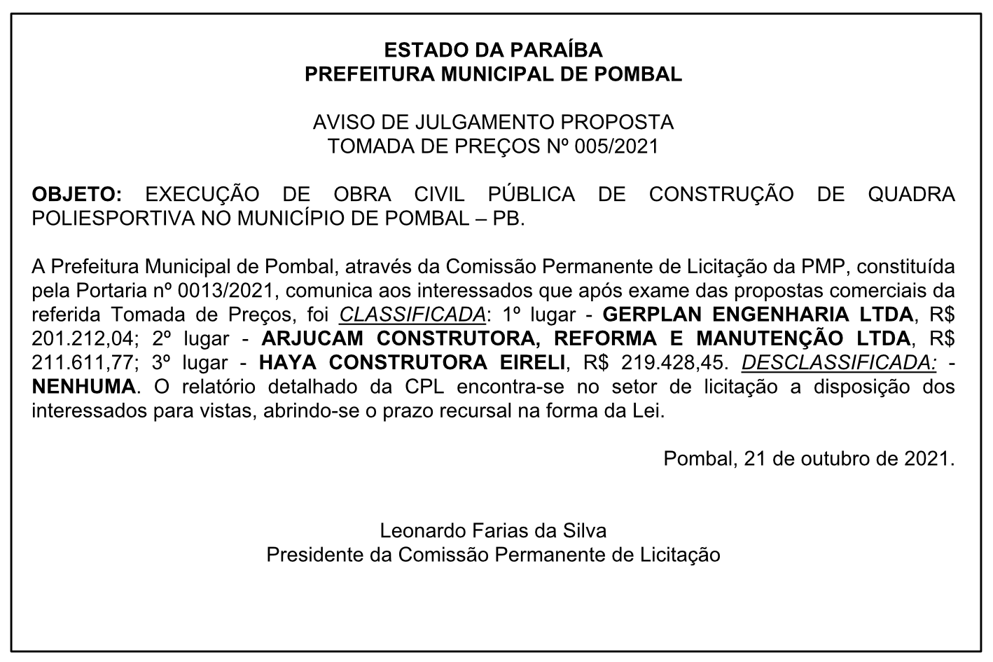 PREFEITURA MUNICIPAL DE POMBAL – AVISO DE JULGAMENTO PROPOSTA – TOMADA DE PREÇOS Nº 005/2021