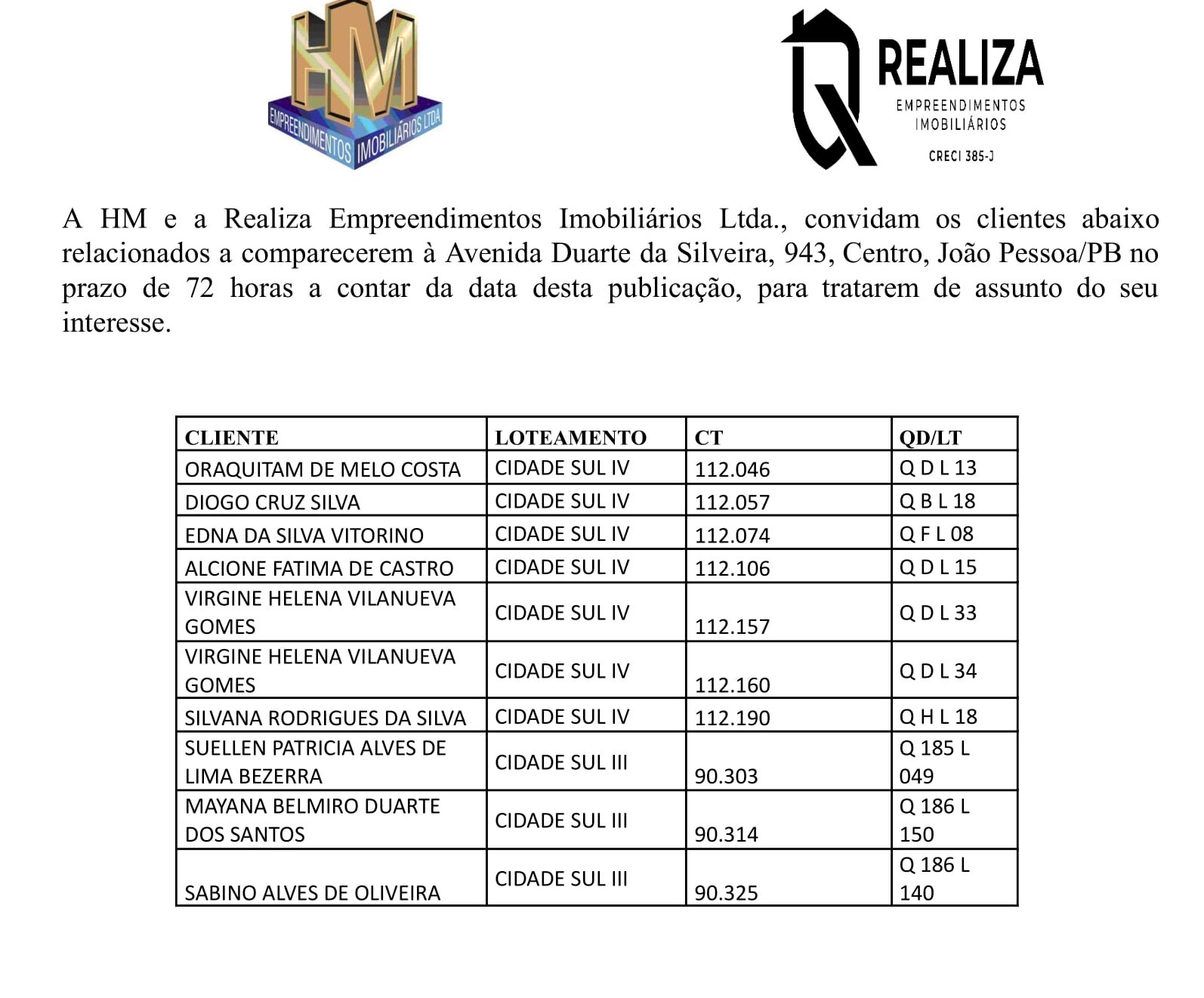 HM E REALIZA EMPREENDIMENTOS IMOBILIÁRIOS – CONVITE AOS CLIENTES