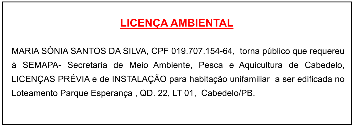 MARIA SÔNIA SANTOS DA SILVA – LICENÇA AMBIENTAL