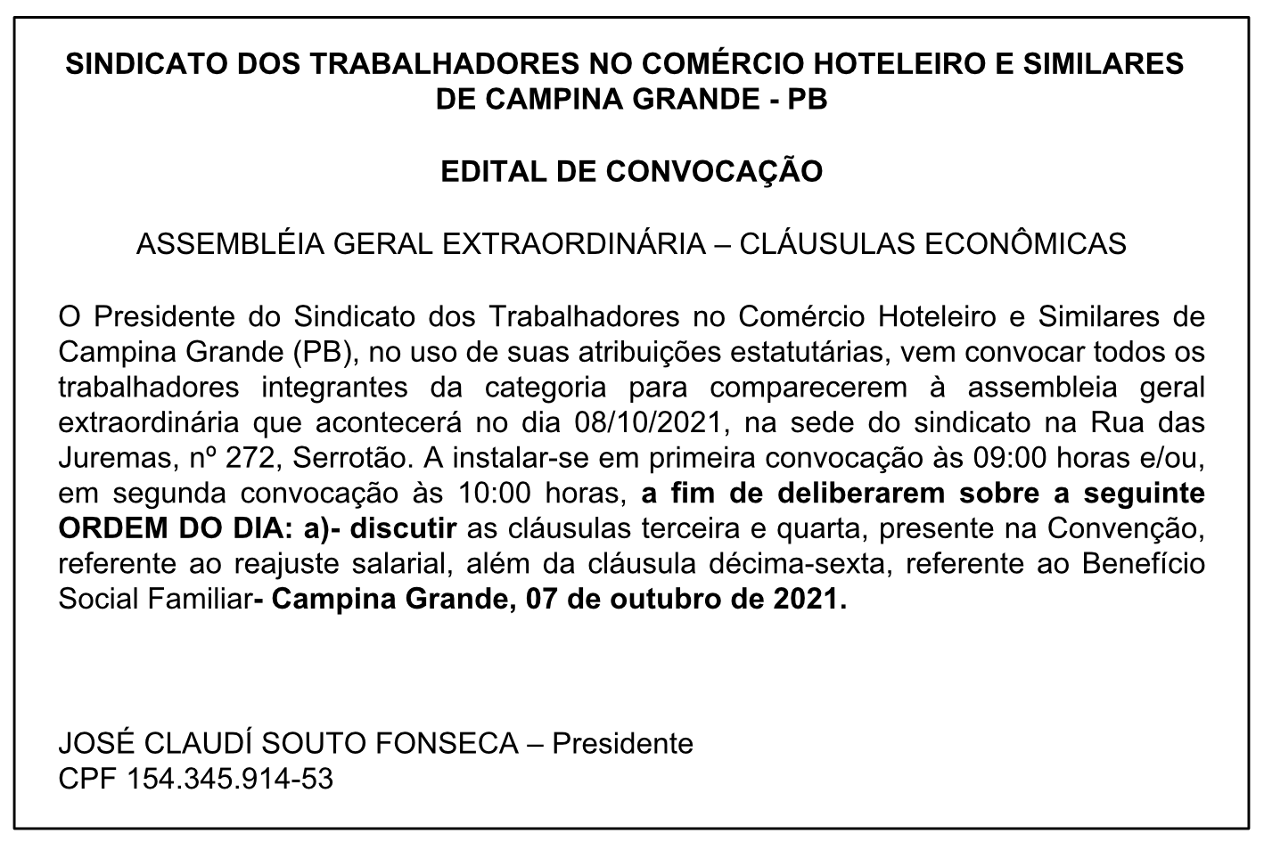 SINDICATO DOS TRABALHADORES NO COMÉRCIO HOTELEIRO E SIMILARES DE CAMPINA GRANDE – PB – EDITAL DE CONVOCAÇÃO